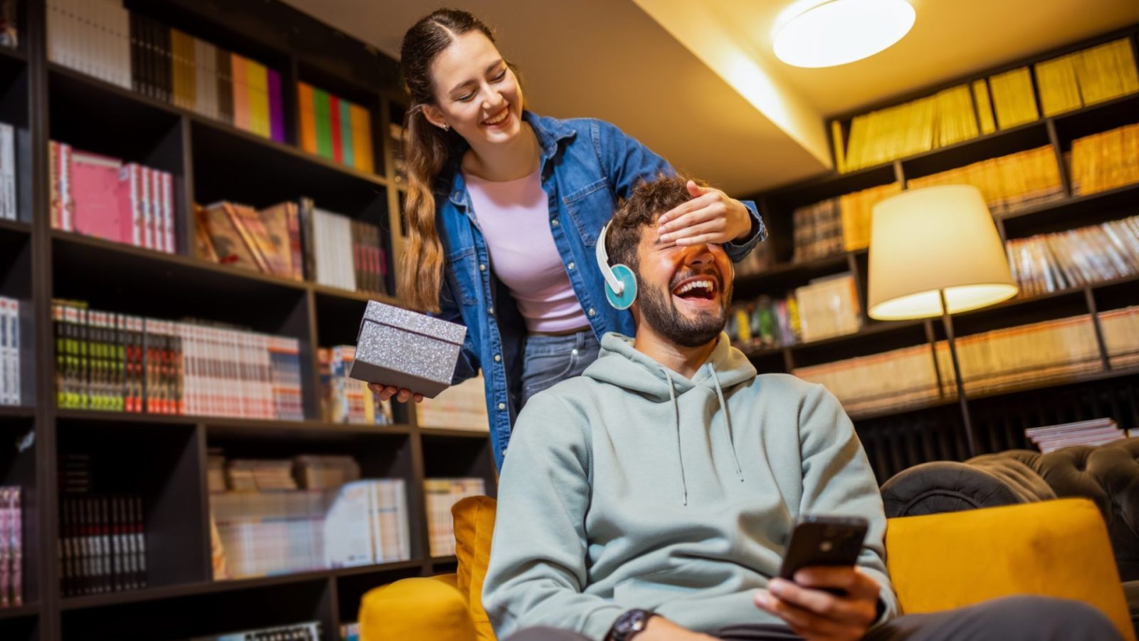 student couple a university library